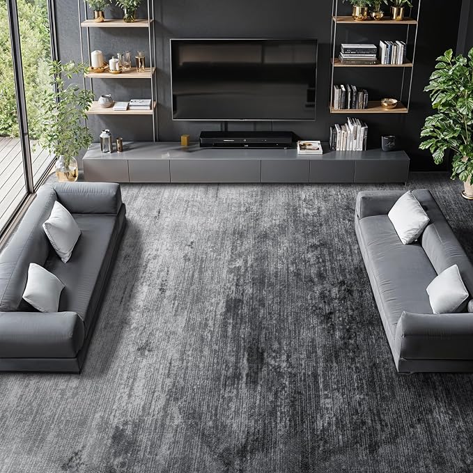 6x9 Washable Area Rug, Gray Solid Area Rugs for Living Room & Bedroom | Stain-resistant & Non-slip backing,Low Pile Washable Large Carpet, Solid Vintage Style For High Traffic Areas(6x9,Gray)