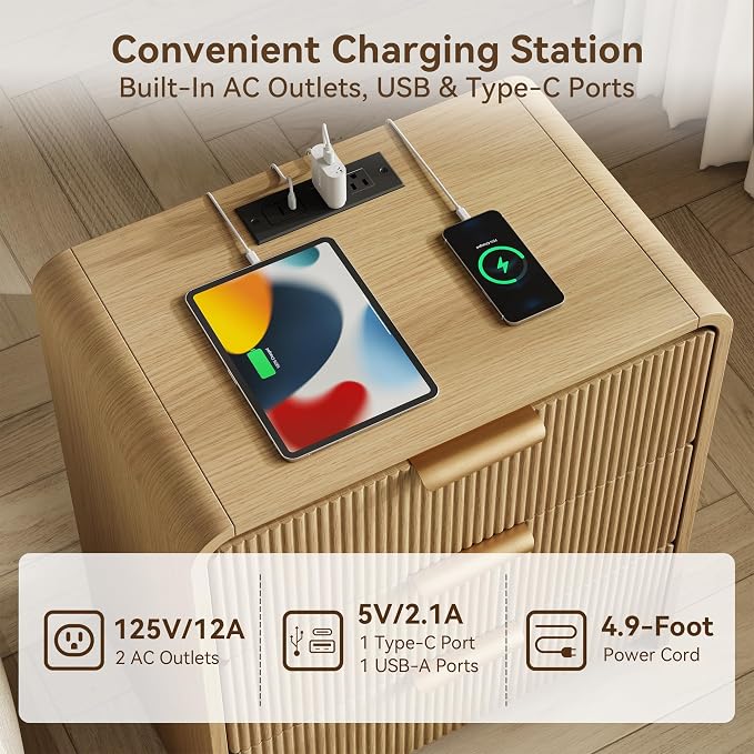 24" 3 Drawers Fluted Nightstand Set of 2, Natural Oak | 3 Drawers Bedside Table, Metal Handles & Charging Station, Curved Profile End Table for Bedroom