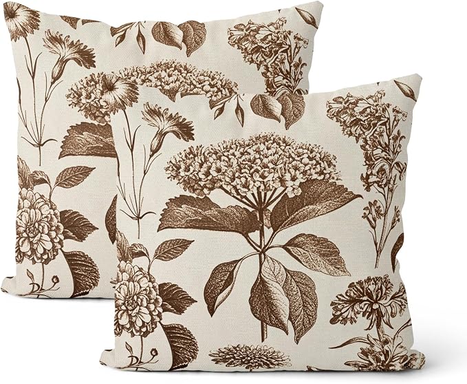 Brown Pillow Covers 18x18 Inch 2 Pcs Boho Vintage Floral Decor Throw Pillows Hydrangea Flower Seasonal Outdoor Farmhouse Neutral Accent Decoration Pillowcase Linen Cushion Cover for Couch