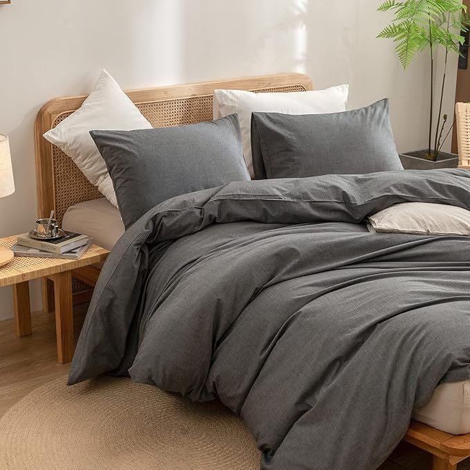 BESTOUCH Cotton Solid Duvet Cover Set Linen Feel Dark Grey California King | 100% Washed Cotton, Soft Wrinkle Texture, Hidden Zipper, 8 Ties, Breathable Lightweight Durable Comfy, 3 Pcs No Insert