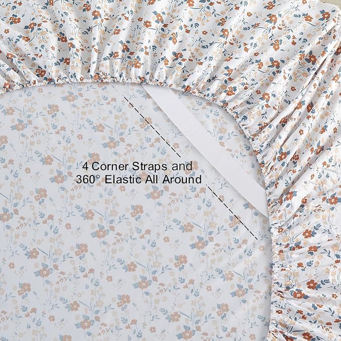 Softan Floral Twin Size Sheet Set, Orange Flower Printed Bed Sheets for Girls, 3-Piece Microfiber Single Fitted Sheet with 15" Deep Pocket & Non-Slip Straps, Patterned Bedding Sheets & Pillowcase Set