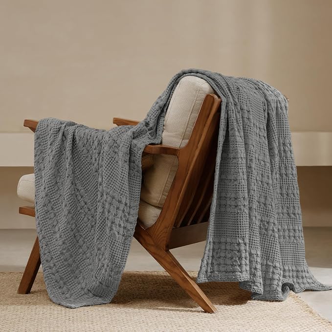 PHF Lightweight 100% Cotton Waffle Throw Blanket for Couch, Dark Grey | Pre-Washed Soft Cotton Comfort, Breathable Layering Warmth for Fall & Winter, Office, Travel, Sofa, Home Decor & Gifts