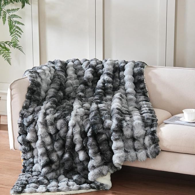 50x60 Inches Ultra-Soft Fuzzy Faux Fur Plush Throw Blanket - Thick, Warm Sherpa for Couch, Sofa, Bedroom, Camping - Decorative Blanket for Cozy Warmth, Bubble Light Grey Tie Dye