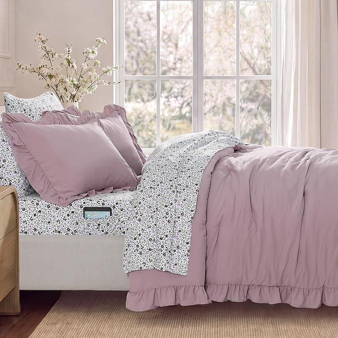 Full Size Comforter Sets-7 Pieces Ruffle Bedding Floral Sheet | Purple Bed in a Bag, Soft Lightweight All Season Farmhouse Full Size Bedding Sets with Floral Sheets, Pillowcases & Shams
