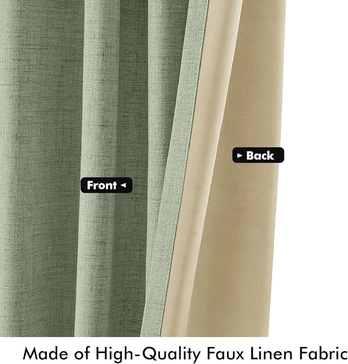 MIULEE 100% Blackout Linen Curtains 42 x 63 Inch Sage Green 2 Panels | Thermal Insulated, Room Darkening Drapes for Bedroom Living Room, Back Tab Rod Pocket Pinch Pleated, Solid Luxury Decor