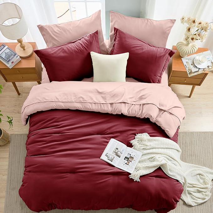 7 Pieces King Comforter Set, Soft Bed in a Bag King Size, All Season Bedding Set with Comforter, Flat Sheet, Fitted Sheet, Pillowcases & Shams, Burgundy & Rose Gold