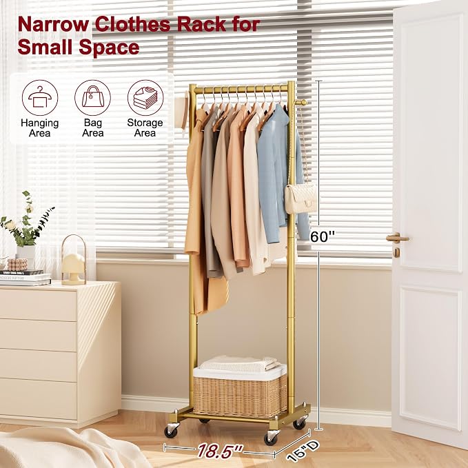 SLEEPING LAMB Small Clothes Racks for Hanging Clothes, Rolling Clothing Rack with Shelves, 60" Metal Garment Rack with Wheels Portable Wardrobe Rack for Small Space, Gold