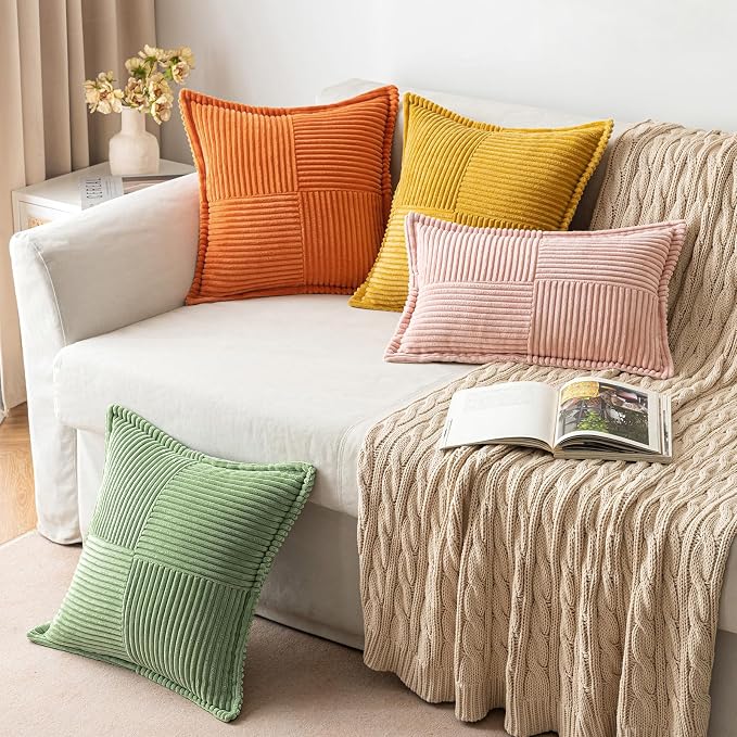 MIULEE Fall Orange Decorative Throw Pillow Covers for Couch 18x18 Inch | 2 Pack, Boho Broadside Striped Patchwork Pillow Covers, Soft Corduroy Cushion Cases, For Sofa Bed Livingroom Home Decor