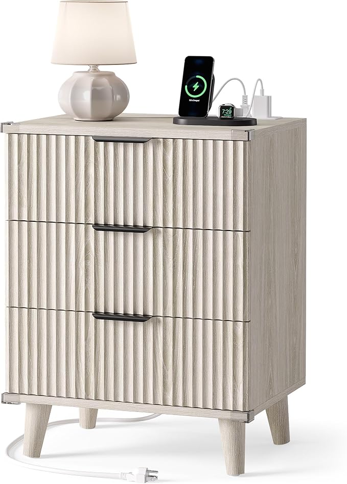 Lulive Wood Bedside Table w/Charging Station, 3 Drawers Fluted Dresser | Grey White, Large Drawers, Metal Silent Rails, FSC Wooden, Sturdy Legs, Modern Fluted Panel, Living Room, Bedside Table