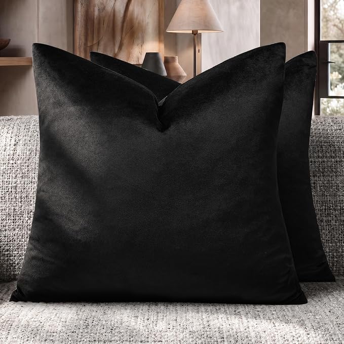GIGIZAZA Black Velvet Pillow Covers 22x22 Decorative Pillows Pack of 2 | Throw Pillows for Couch Sofa,280gsm Soft Textured Fabric,Modern Square Pillowcases,Luxury Cushion Covers
