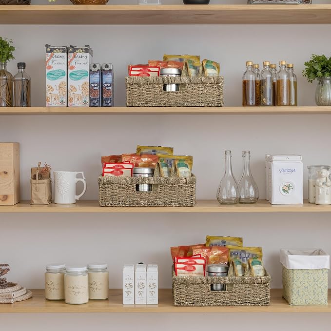 StorageWorks Pantry Baskets, Wicker Storage Baskets, Shallow Basket, 1-Pack | Seagrass Baskets, Wicker Storage Baskets for Organizing, Pantry Organizers and Storage, Woven Baskets, 15¼"L x 11¾"W x 4 ¾"H