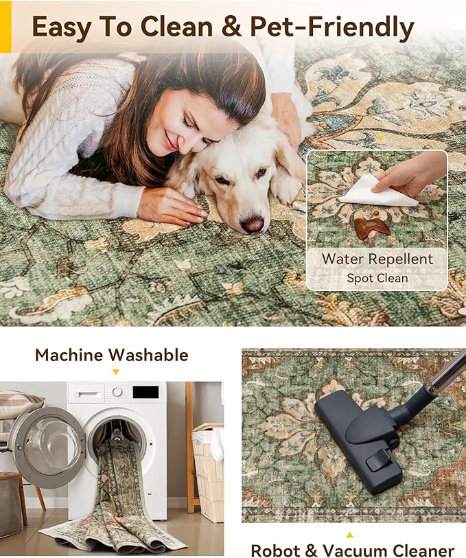 RELEANY Washable Area Rug, Square 4'x4', Brick/Brown/Green | Non-Slip, Water Repellent, Pet Friendly, Easy to Clean, Vintage Floral Boho Decor for Living Room Bedroom Entry Office