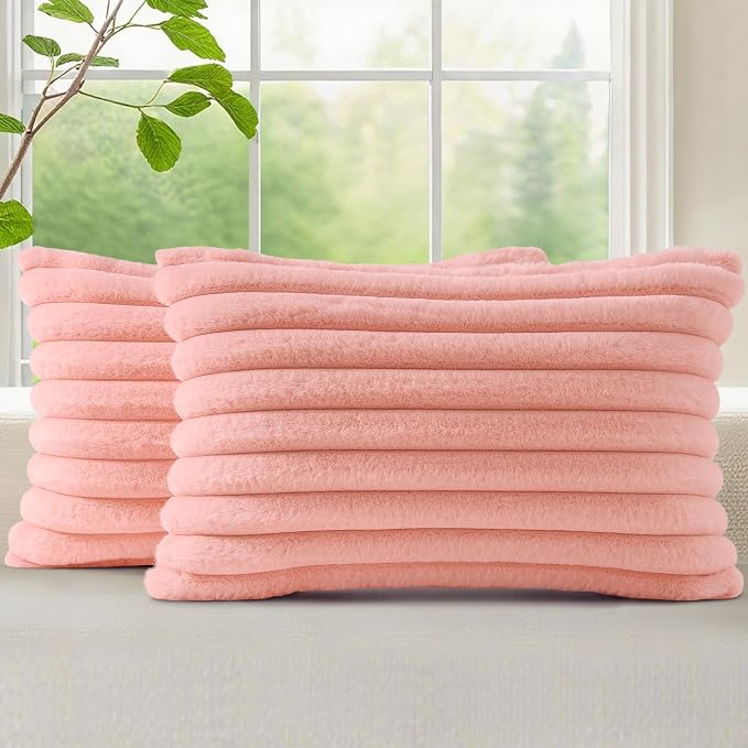 decorUhome Fall Faux Fur Throw Pillow Covers 12x20 Set of 2 Blush Pink | Decorative Soft Cozy Striped Plush Modern Farmhouse Boho Couch Pillow Cases Velvet Back for Sofa Bed Living Room Home Decor