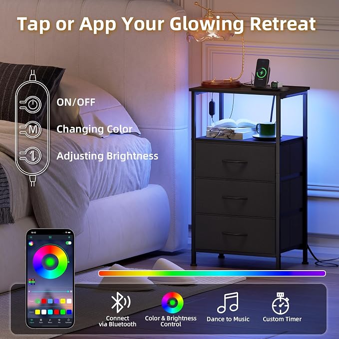 Somdot Nightstands Set of 2 with 3 Drawers, Charging Station & LED Light | Open-Shelf End Tables for Bedside, Small Spaces, Bedroom, Entryway and Hallway, Black