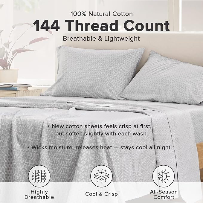 Comfort Spaces 100% Cotton Percale Sheets Twin XL Size 3 Pcs, Diamond Grey | Crisp, Cool & Breathable Bed Sheets, 12" Deep Pocket Fits Up to 14" Mattress, Lightweight, All Season Cozy, with Pillow Case