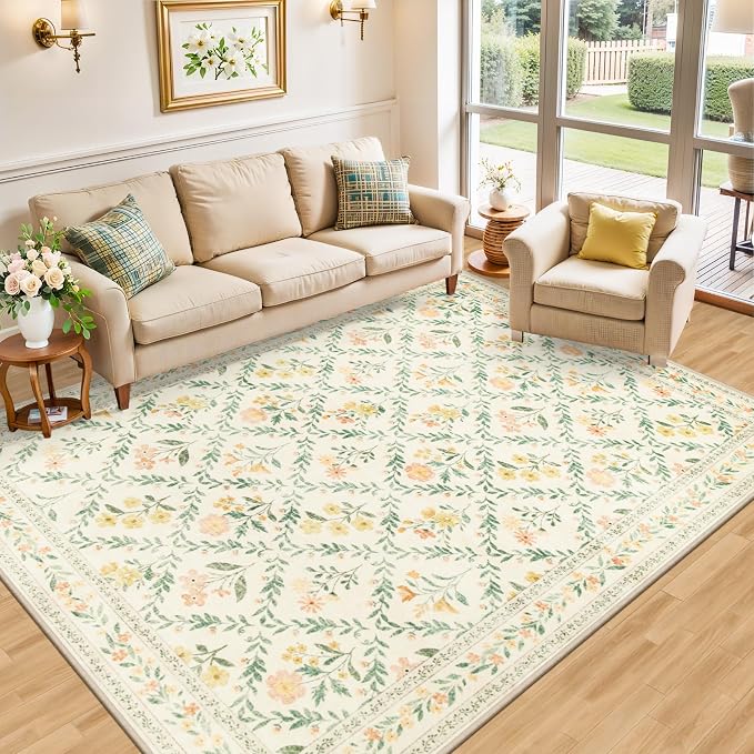 PLHXFR 8x10 Area Rug Living Room: Floral Washable Boho Carpet Beige Multi | For Bedroom Dining Room Farmhouse Nursery Hallway,Vintage Floral,Machine washable,Non Slip,Stain Resistant,Large Indoor