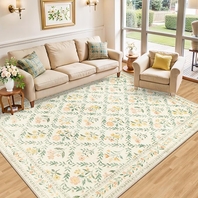 PLHXFR 6x9 Area Rug Living Room: Floral Washable Boho Carpet Beige Multi | For Bedroom Dining Room Farmhouse Nursery Hallway,Vintage Floral,Machine washable,Non Slip,Stain Resistant,Large Indoor