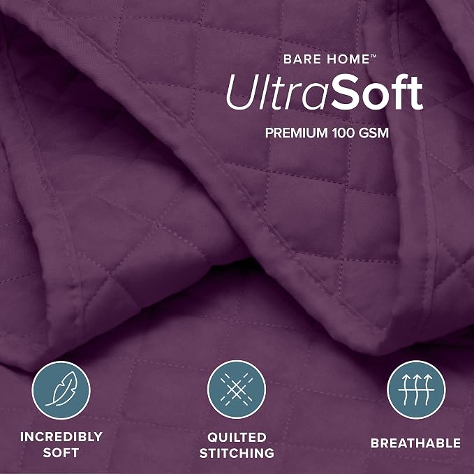 Bare Home Coverlet Set - Full/Queen - Lightweight Bed Decor - Comforter Alternative - All-Season Quilted Bedspread (Full/Queen, Plum)