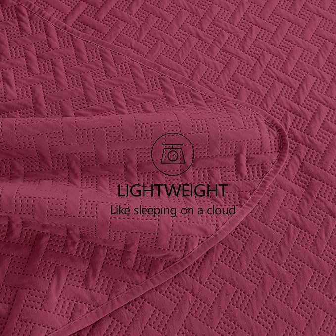 FLYMME Quilts Queen Size,Lightweight Burgundy Bedspreads,Basket Weave Pattern,Ultra Soft Microfiber Bed Coverlet 3 Pieces for All-Seasons (1 Quilt,2 Shams)
