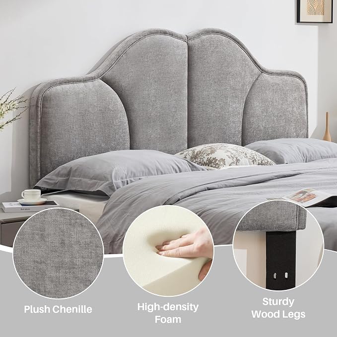 King Size Headboard Only Upgraded One-Piece Upholstered Headboards | Adjustable Height&Width, California King Bed Headboard, Modern Curved Chenille Fabric Padded Head Board, Light Gray