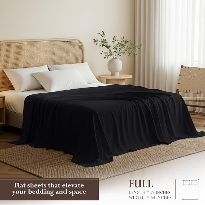 Full Size Flat Sheet Only, Ultra Soft & Breathable Hotel Sheets, Black | Hotel Bedding, Cooling Comfort, Smooth Feel, Wrinkle & Fade Resistant, Easy Care, Long-Lasting, Machine Washable, OEKO-TEX