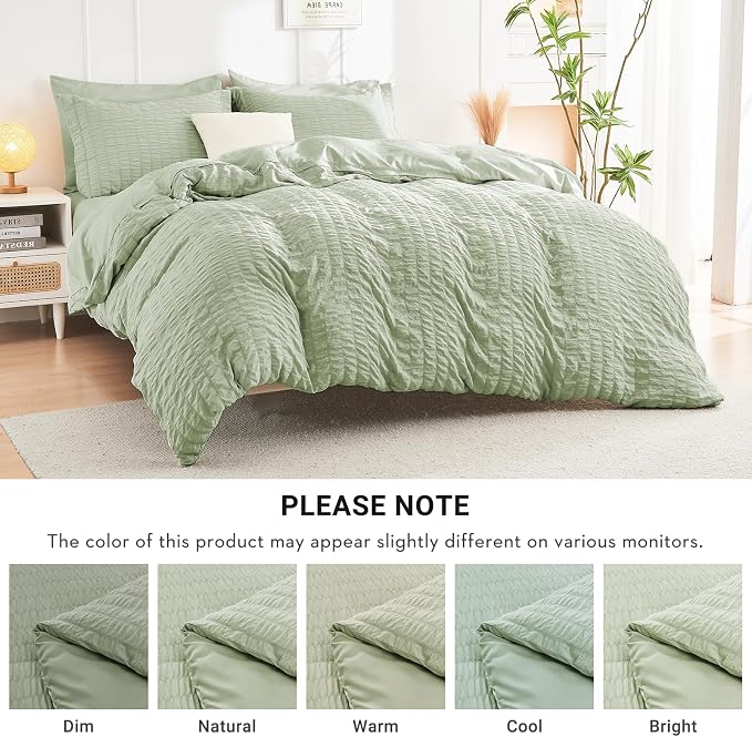 HYMOKEGE Light Green King Size Comforter Set Seersucker 7 Pieces, All Season Luxury Bed in a Bag for Bedroom, Bedding Set with Comforters, Sheets, Pillowcases & Shams