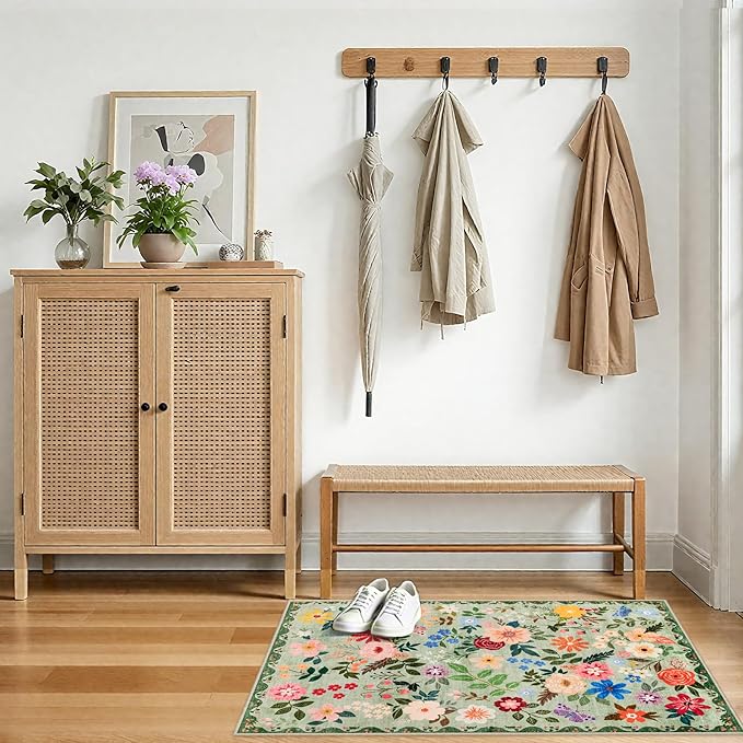 PLHXFR 2x3 Small Entryway Rug: Floral Washable Indoor Soft Carpet Green | For Entrance, Bedroom, Kitchen, Laundry, Bathroom,Door Mat,Vintage Floral,Machine washable,Non-Slip,Stain Resistant,Indoor