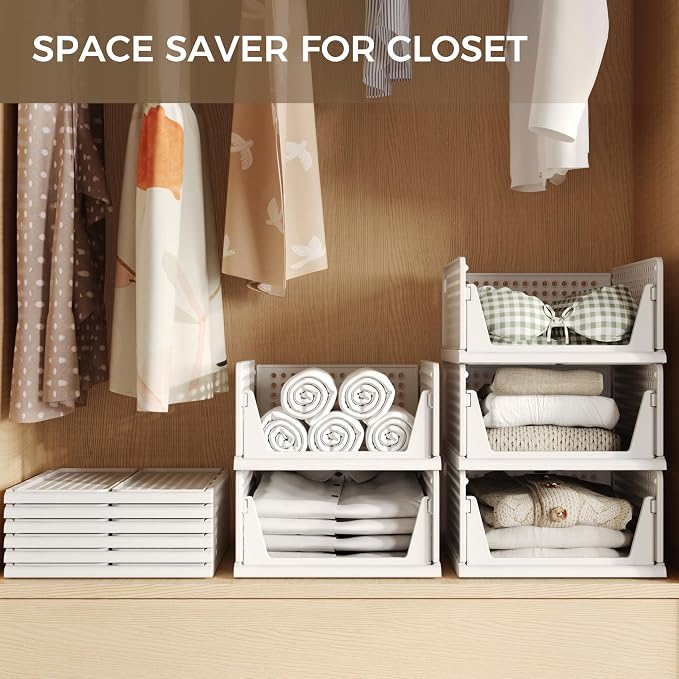 6 Pack Closet Organizer Storage Bins Stackable Plastic Drawer Shelf | Basket for Clothing Stackable Storage Bins Shelf Storage Container for Closet Wardrobe Bedroom Bathroom Office White Foldable