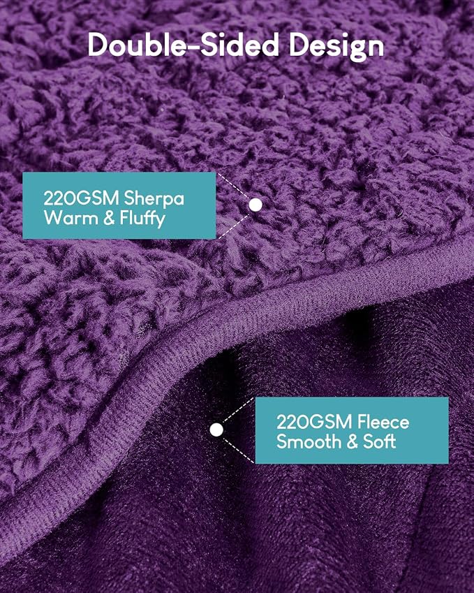 Cottonblue Fleece Weighted Blanket 15 lbs for Adults Twin Size 48x72in Soft | Cozy Flannel Sherpa Weighted Blankets Throw Comfortable for Calm Sleep Relax, Warm Fuzzy Purple Heavy Blanket for Bed Couch