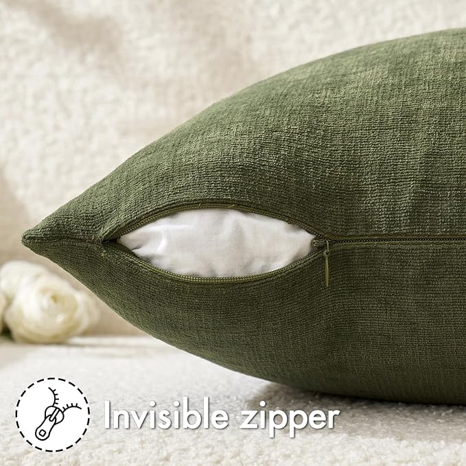 MIULEE Olive Green Chenille Couch Throw Pillow Covers, 20x20 | Set of 2, Soft Modern Farmhouse Style, Decorative Pillowcases for Sofa Living Room Bed, Home Decor