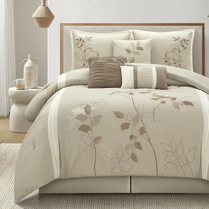 Beige King Comforter Set, 7 Pieces Bed in a Bag, Elegant Floral Leaves Embroidery, Soft and Lightweight All Seasons Bedding Set, Bedskirt, Pillow Shams, Decor Pillows