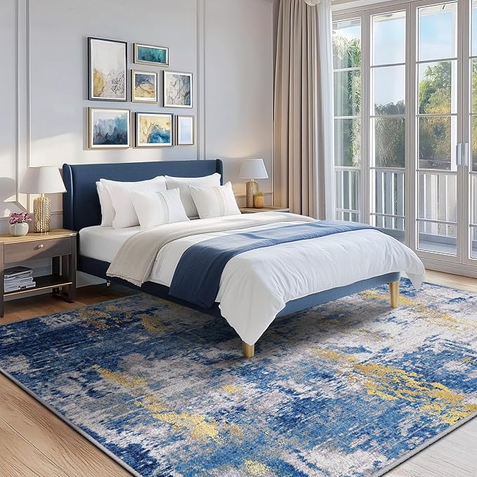 RELEANY Washable 9'x12' Abstract Area Rug for Living Room Blue Gold | Carpet for Bedroom, Kitchen, Office, Hallway and Entryway, Printed Pattern, Non‑Slip, Soft, Stain‑Resistant, Easy to Clean