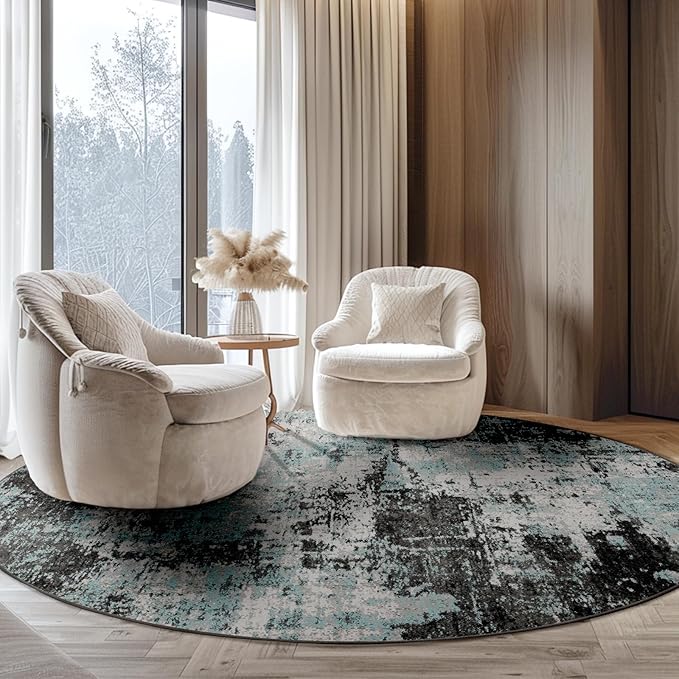 RELEANY Washable Round 6ft Area Rug for Living Room Teal Black | Carpet for Bedroom, Kitchen, Office, Hallway and Entryway, Printed Pattern, Non‑Slip, Soft, Stain‑Resistant, Easy to Clean