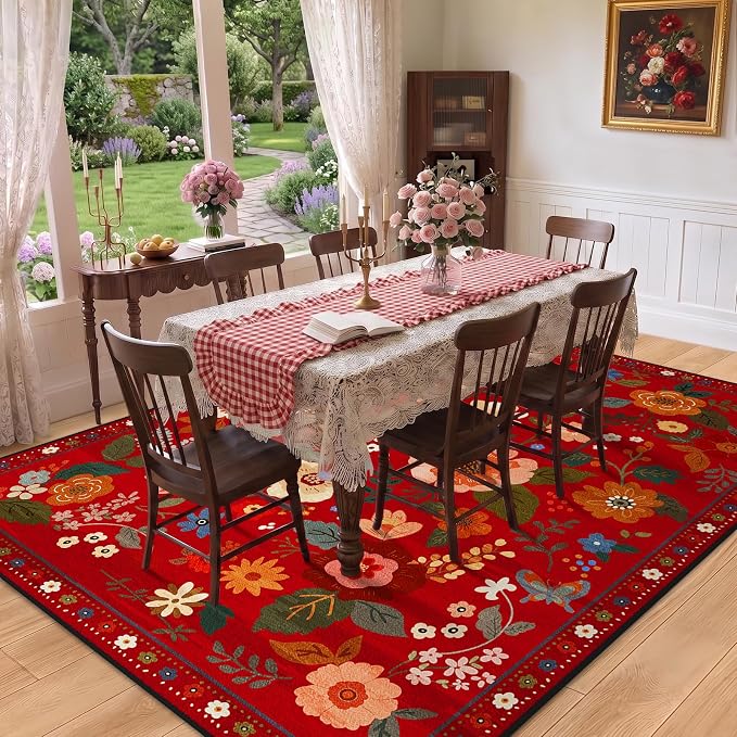 Floral Washable 8x10 Area Rugs Red/Orange | Flower Carpet, Print, Boho, Non-Slip, Easy to Clean, Soft, Low Pile for Living Room Bedroom Kitchen Office Entryway Hallway