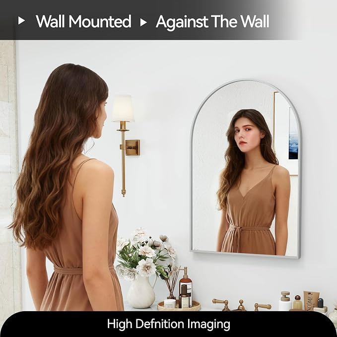 30x20 Bathroom Mirror Arch Wall Mounted/Against Aluminum Frame Silver | HD Crystal Clear No distortion Tempered Glass,Make-Up Vanity Mirrors for Bedroom,Entryway,Bathroom,Living Room