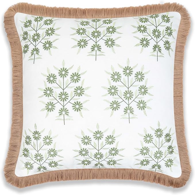 Hofdeco Premium Coastal Patio Indoor Outdoor Throw Pillow Cover Only, 20"x20" Water Repellent for Backyard, Couch, Green Embroidered Floral with Fringe