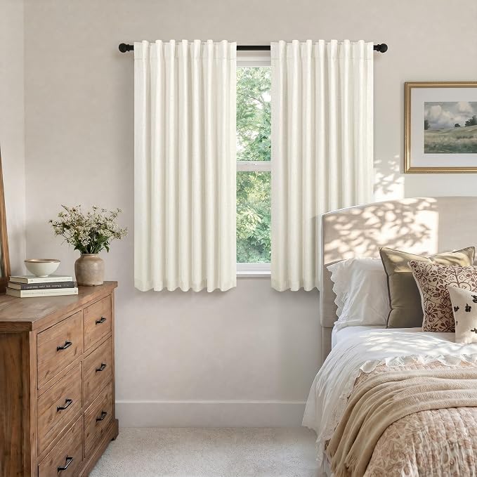 Small Blackout Curtains 54 Inch Length Linen Textured Short Black Out Curtains Room Darkening Curtain for Bedroom Thermal Insulated Cafe Drape for 52-56 Inch Bay Window Back Tab Rod Pocket Cream Ivory