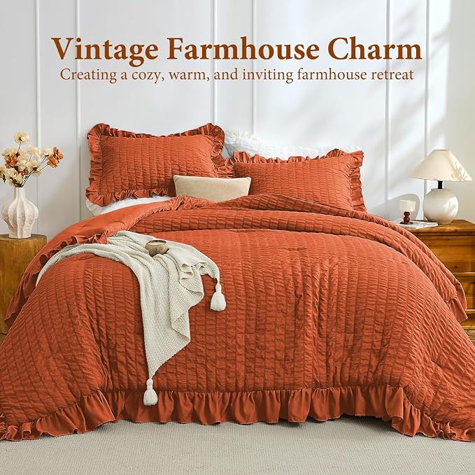 JOLLYVOGUE Burnt Orange Comforter Full Size, 3 Pieces Seersucker Lightweight Full Size Bedding, All Season Fluffy Microfiber Bedding Comforter Set with 1 Ruffle Comforter and 2 Ruffle Pillowshams