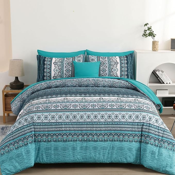 Cottolester Boho Queen Comforter Set 8 Pieces, Teal Comforter Bohemian Striped Bed in A Bag,Soft Microfiber Bedding Set for All Seasons
