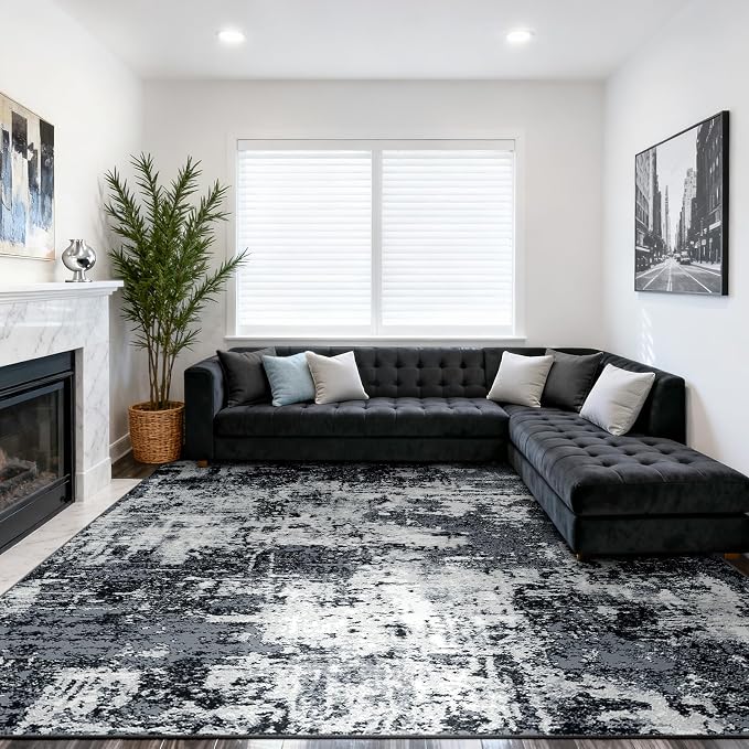 RELEANY Washable 10'x12' Abstract Area Rug for Living Room Black White | Carpet for Bedroom, Kitchen, Office, Hallway and Entryway, Printed Pattern, Non‑Slip, Soft, Stain‑Resistant, Easy to Clean