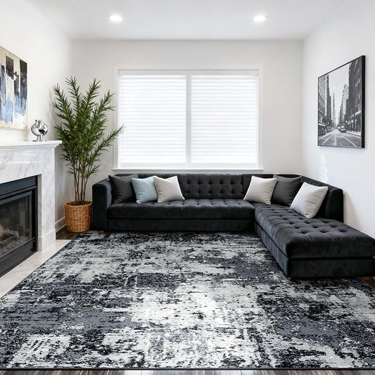 RELEANY Washable 10'x12' Abstract Area Rug for Living Room Black White | Carpet for Bedroom, Kitchen, Office, Hallway and Entryway, Printed Pattern, Non‑Slip, Soft, Stain‑Resistant, Easy to Clean