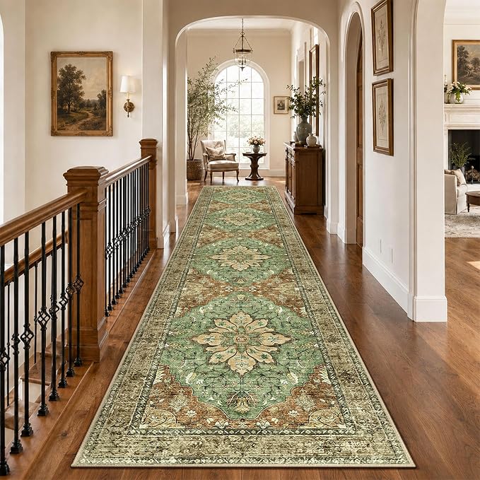 RELEANY Washable Area Rug, Runner 3'x12', Brick/Brown/Green | Non-Slip, Water Repellent, Pet Friendly, Easy to Clean, Vintage Floral Boho Decor for Kitchen Hallway Laundry Living Room