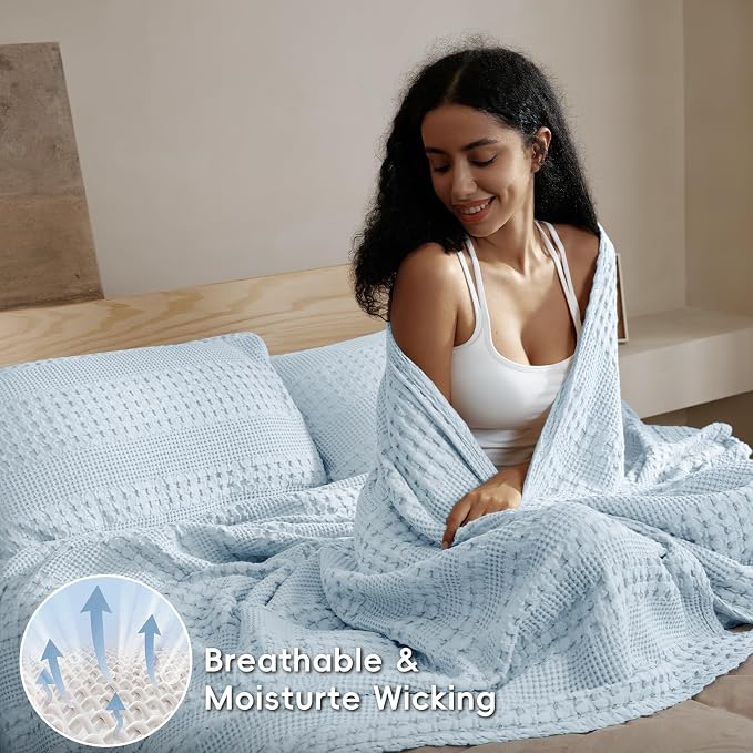 PHF Lightweight 100% Cotton Waffle Blanket for Bed, King, Sky Blue | Pre-Washed Soft Cotton Comfort, Breathable Layering Warmth for Fall & Winter, Bed, Sofa, Couch, Home Decor & Gifts