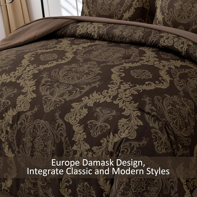 WONGS BEDDING Damask Comforter Set King Size, Coffee Gold Texture Design 7 Pcs Bed in a Bag Microfiber Comforter Bedding Sets -1 Comforter, 1 Flat Sheet, 1 Fitted Sheet, 2 Pillow Shams,2 Pillowcases