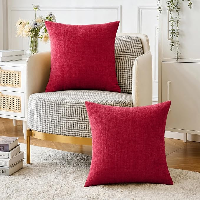 MIULEE Soft Chenille Throw Pillow Covers Red 18x18 Inch Pack of 2 | Modern Home Decor, Classic Decorative Pillows, Solid Dyed Cases, Boho Couch Cushion Covers for Sofa Bed Living Room