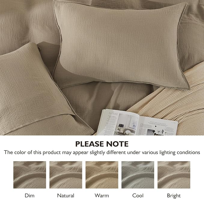 EMME Muslin Cotton Duvet Cover Set Khaki King Size Linen Like Soft Breathable Lightweight Summer Comforter Cover Set with Zipper Closure (Khaki, King, 104"x90")