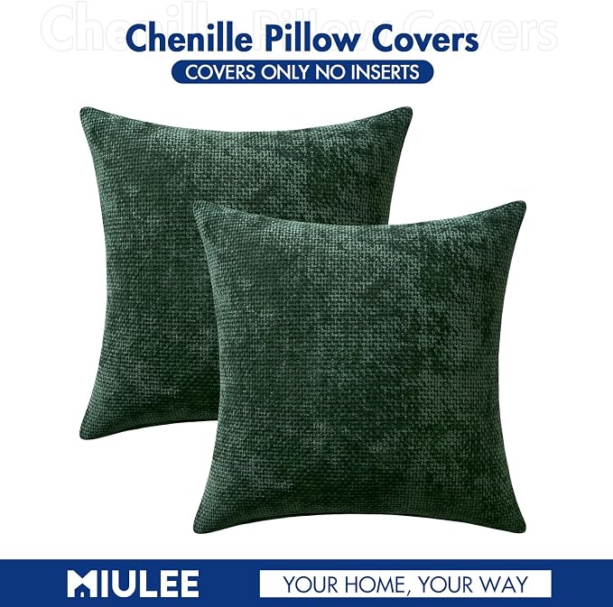 MIULEE Decorative Couch Throw Pillow Covers 18x18 in Christmas Green 2 Pack | Modern Boho Accent, Soft Chenille Pillow Covers, Farmhouse Cushion Cases for Home Decor Bed Sofa Living Room