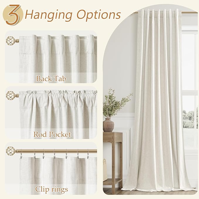 100% Blackout Linen Curtains for Bedroom 63 Inches Long Natural Cream Black Out Curtain Back Tab Thermal Insulated Room Darkening Window Drapes for Living Room 2 Panels Beige Ivory 52x63
