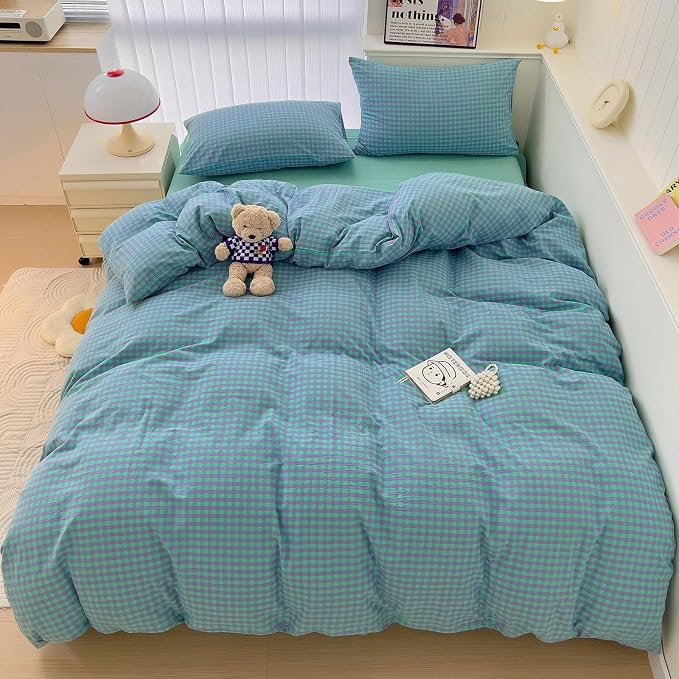 LifeTB Twin XL Comforter Set Green Gingham Bedding Comforter with 2 Pillowcases Geometric Checkered Plaid Comforter Set for All Season Green Purple Grid Printed Fluffy Soft Lightweight Bedding Set