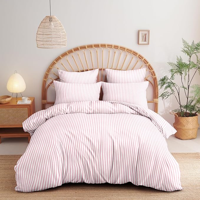 Nayoroom Pink White Striped Duvet Cover Set Queen | Coquette Modern Farmhouse, Dorm Bedding, Soft Breathable Washed Microfiber, All-Season Comfort, Hidden Zipper, 4 Corner Ties